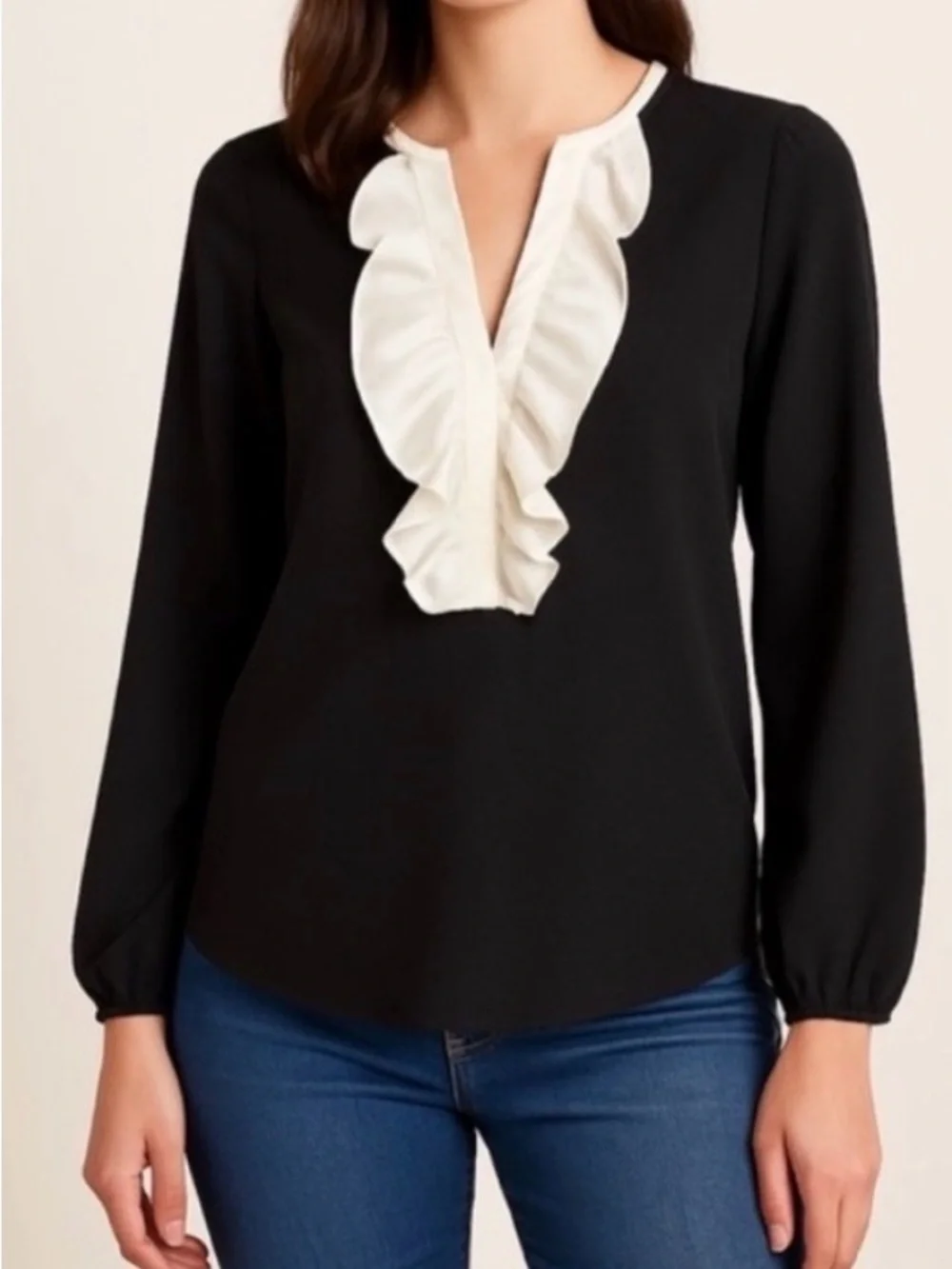 J. Crew Black Blouse with Cream Ruffle V-Neck Trim